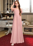 Shania A-Line V-neck Floor-Length Chiffon Junior Bridesmaid Dress With Ruffle STAP0013437