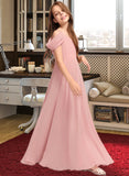 Shania A-Line V-neck Floor-Length Chiffon Junior Bridesmaid Dress With Ruffle STAP0013437