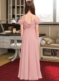 Shania A-Line V-neck Floor-Length Chiffon Junior Bridesmaid Dress With Ruffle STAP0013437