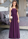 Sandra A-Line Square Neckline Floor-Length Chiffon Lace Junior Bridesmaid Dress With Bow(s) STAP0013438