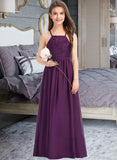 Sandra A-Line Square Neckline Floor-Length Chiffon Lace Junior Bridesmaid Dress With Bow(s) STAP0013438