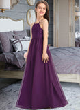 Sandra A-Line Square Neckline Floor-Length Chiffon Lace Junior Bridesmaid Dress With Bow(s) STAP0013438