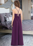 Sandra A-Line Square Neckline Floor-Length Chiffon Lace Junior Bridesmaid Dress With Bow(s) STAP0013438