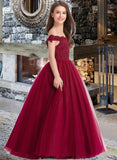 Alena Ball-Gown/Princess Off-the-Shoulder Floor-Length Tulle Lace Junior Bridesmaid Dress With Beading Sequins STAP0013440