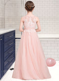 Irene A-Line Scoop Neck Floor-Length Tulle Junior Bridesmaid Dress With Beading Sequins STAP0013444