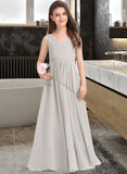 Kim A-Line V-neck Floor-Length Chiffon Junior Bridesmaid Dress With Pockets STAP0013446