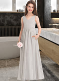 Kim A-Line V-neck Floor-Length Chiffon Junior Bridesmaid Dress With Pockets STAP0013446