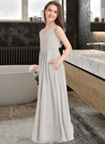 Kim A-Line V-neck Floor-Length Chiffon Junior Bridesmaid Dress With Pockets STAP0013446