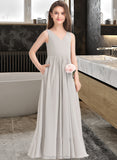 Kim A-Line V-neck Floor-Length Chiffon Junior Bridesmaid Dress With Pockets STAP0013446