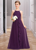 Julia A-Line Scoop Neck Floor-Length Chiffon Junior Bridesmaid Dress With Bow(s) Cascading Ruffles STAP0013448