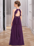 Julia A-Line Scoop Neck Floor-Length Chiffon Junior Bridesmaid Dress With Bow(s) Cascading Ruffles STAP0013448