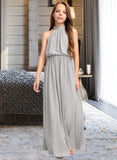 Angeline A-Line High Neck Floor-Length Chiffon Junior Bridesmaid Dress With Ruffle STAP0013452