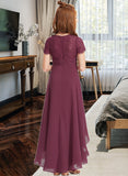 Carina A-Line V-neck Asymmetrical Chiffon Lace Junior Bridesmaid Dress With Ruffle STAP0013453