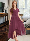 Carina A-Line V-neck Asymmetrical Chiffon Lace Junior Bridesmaid Dress With Ruffle STAP0013453