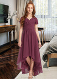 Carina A-Line V-neck Asymmetrical Chiffon Lace Junior Bridesmaid Dress With Ruffle STAP0013453