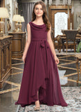 Winifred A-Line Cowl Neck Asymmetrical Chiffon Junior Bridesmaid Dress With Bow(s) STAP0013454