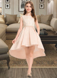 Janiah A-Line Scoop Neck Asymmetrical Satin Lace Junior Bridesmaid Dress With Beading Pockets STAP0013455