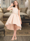 Janiah A-Line Scoop Neck Asymmetrical Satin Lace Junior Bridesmaid Dress With Beading Pockets STAP0013455