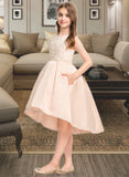 Janiah A-Line Scoop Neck Asymmetrical Satin Lace Junior Bridesmaid Dress With Beading Pockets STAP0013455