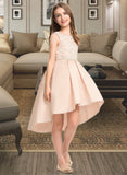 Janiah A-Line Scoop Neck Asymmetrical Satin Lace Junior Bridesmaid Dress With Beading Pockets STAP0013455