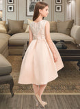 Janiah A-Line Scoop Neck Asymmetrical Satin Lace Junior Bridesmaid Dress With Beading Pockets STAP0013455