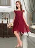 Lena A-Line Off-the-Shoulder Knee-Length Chiffon Lace Junior Bridesmaid Dress With Bow(s) STAP0013456