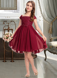 Lena A-Line Off-the-Shoulder Knee-Length Chiffon Lace Junior Bridesmaid Dress With Bow(s) STAP0013456