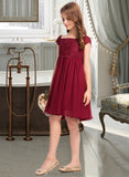 Lena A-Line Off-the-Shoulder Knee-Length Chiffon Lace Junior Bridesmaid Dress With Bow(s) STAP0013456