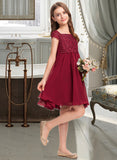 Lena A-Line Off-the-Shoulder Knee-Length Chiffon Lace Junior Bridesmaid Dress With Bow(s) STAP0013456