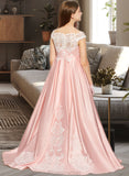 Jacqueline Ball-Gown/Princess Off-the-Shoulder Sweep Train Satin Lace Junior Bridesmaid Dress STAP0013460