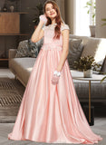 Jacqueline Ball-Gown/Princess Off-the-Shoulder Sweep Train Satin Lace Junior Bridesmaid Dress STAP0013460