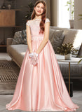 Jacqueline Ball-Gown/Princess Off-the-Shoulder Sweep Train Satin Lace Junior Bridesmaid Dress STAP0013460