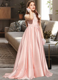 Jacqueline Ball-Gown/Princess Off-the-Shoulder Sweep Train Satin Lace Junior Bridesmaid Dress STAP0013460