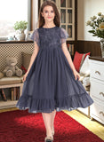 Suzanne A-Line Scoop Neck Knee-Length Chiffon Lace Junior Bridesmaid Dress With Cascading Ruffles STAP0013462