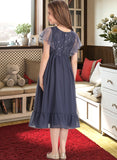 Suzanne A-Line Scoop Neck Knee-Length Chiffon Lace Junior Bridesmaid Dress With Cascading Ruffles STAP0013462