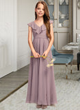 Ashlynn A-Line V-neck Floor-Length Chiffon Junior Bridesmaid Dress With Cascading Ruffles STAP0013464