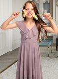 Ashlynn A-Line V-neck Floor-Length Chiffon Junior Bridesmaid Dress With Cascading Ruffles STAP0013464