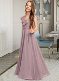 Ashlynn A-Line V-neck Floor-Length Chiffon Junior Bridesmaid Dress With Cascading Ruffles STAP0013464