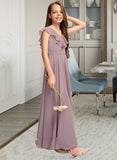 Ashlynn A-Line V-neck Floor-Length Chiffon Junior Bridesmaid Dress With Cascading Ruffles STAP0013464