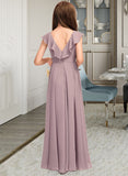 Ashlynn A-Line V-neck Floor-Length Chiffon Junior Bridesmaid Dress With Cascading Ruffles STAP0013464