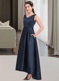 Aliza A-Line V-neck Asymmetrical Satin Junior Bridesmaid Dress STAP0013471