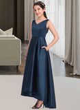 Aliza A-Line V-neck Asymmetrical Satin Junior Bridesmaid Dress STAP0013471