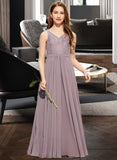 Bailee A-Line V-neck Floor-Length Chiffon Lace Junior Bridesmaid Dress STAP0013476