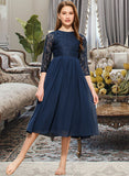 Peggie A-Line Scoop Neck Tea-Length Chiffon Lace Junior Bridesmaid Dress STAP0013477