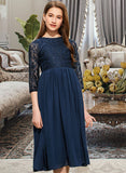 Peggie A-Line Scoop Neck Tea-Length Chiffon Lace Junior Bridesmaid Dress STAP0013477