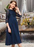 Peggie A-Line Scoop Neck Tea-Length Chiffon Lace Junior Bridesmaid Dress STAP0013477