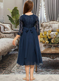 Peggie A-Line Scoop Neck Tea-Length Chiffon Lace Junior Bridesmaid Dress STAP0013477