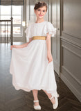 Stephanie A-Line Scoop Neck Tea-Length Chiffon Junior Bridesmaid Dress With Ruffle Sash STAP0013482