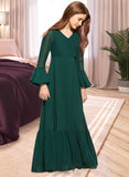 Arely A-Line V-neck Floor-Length Chiffon Junior Bridesmaid Dress With Bow(s) Cascading Ruffles STAP0013484