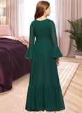 Arely A-Line V-neck Floor-Length Chiffon Junior Bridesmaid Dress With Bow(s) Cascading Ruffles STAP0013484